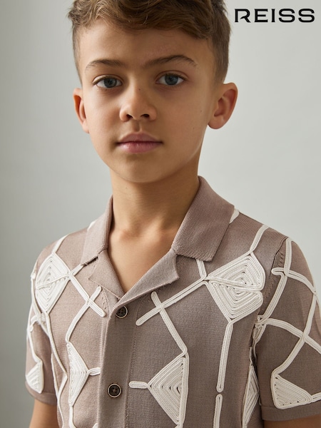 Reiss Mink Brown/ Off White Terrazzo Geometric Embroidery Knit Shirt (AP0369) | kr1 123