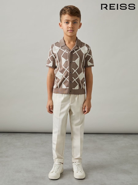 Reiss Mink Brown/ Off White Terrazzo Geometric Embroidery Knit Shirt (AP0380) | kr1 042