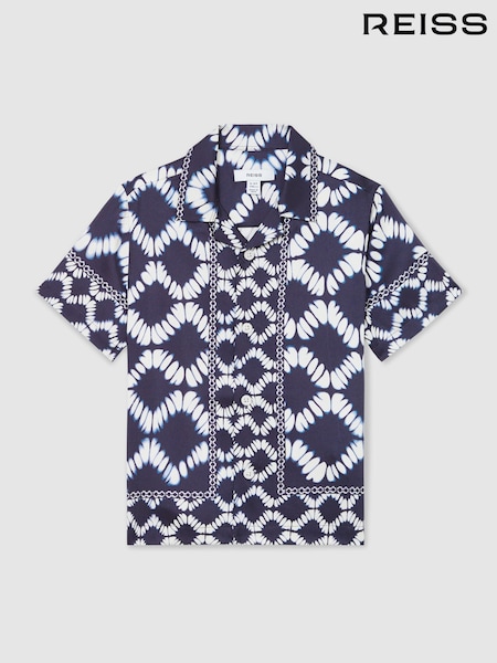 Blau - Reiss Maki Abstract Print Cuban Collar Shirt (AP0393) | 75 €
