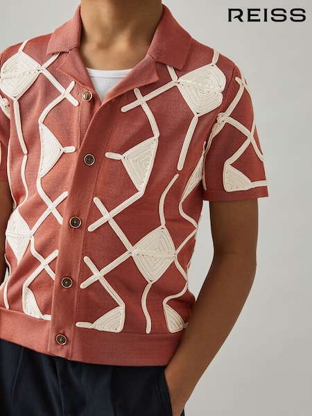 Reiss Paprika Red/Off White Terrazzo Geometric Embroidery Knit Shirt (AP0422) | kr1 042