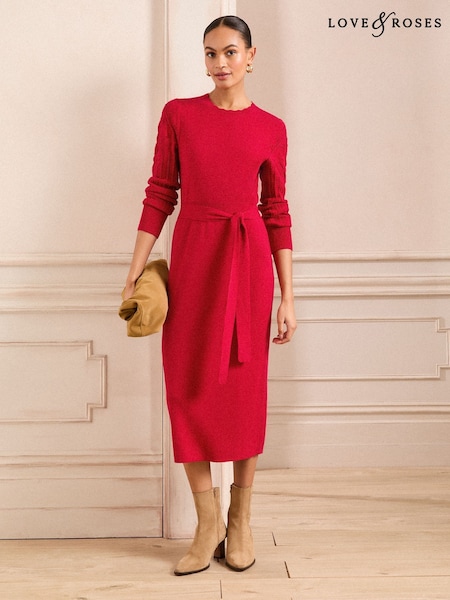 Love & Roses Red Crew Neck Scallop Long Sleeve Knitted Midi Dress (AP0435) | €74