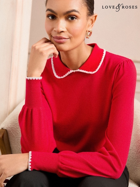 Love & Roses Crochet Stitch Collar Fine Gauge Knitted Jumper (AP0438) | 187 LEI