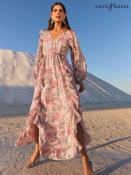 V&A I Love & Roses Printed Metallic Ruffle V-Neck Midi Dress (AP0446) | ‏501 د.إ.‏