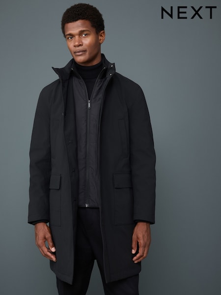 Black Waterproof Quilted Funnel Neck Coat (AP0493) | €154