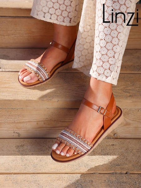 Linzi Brown Wide Fit Topaz Embellished Front Strap Sandals (AP0526) | €44