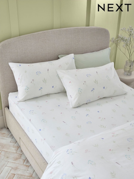 White/Sage Green Floral 100% Cotton Fitted Sheet and Pillowcase Set (AP0548) | €16 - €35