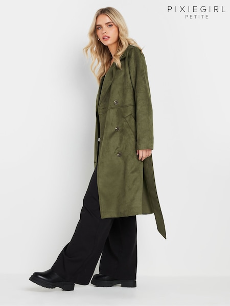 PixieGirl Petite Khaki Green Faux Suede Midi Trench Coat (AP0601) | SGD 126