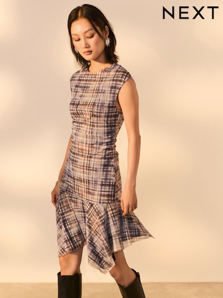 Light Blue Check Mesh Asymetric Short Sleeve Mini Dress (AP0609) | $39