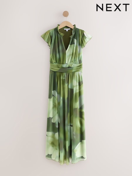 Green Floral Pleated Mesh Print V-Neck Occasion Midi Dress (AP0618) | € 100