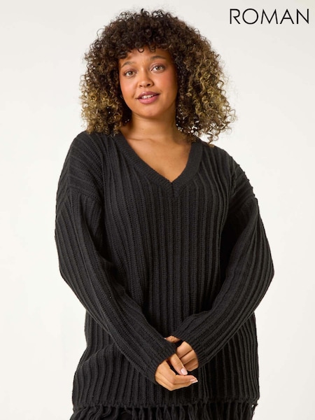 Roman Curve V-Neck Tassel Hem Knit Jumper (AP0646) | 372 LEI