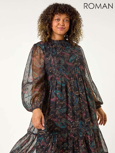 Roman Blue Curve Metallic Print High Neck Swing Dress (AP0647) | 287 QAR