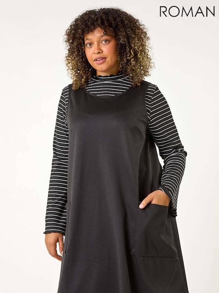 Roman Black Curve 2 In 1 Stripe Pinafore Dress (AP0660) | kr828