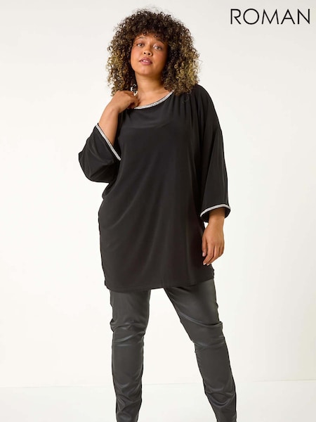 Roman Black Curve Diamante Trim Stretch Top (AP0662) | €83