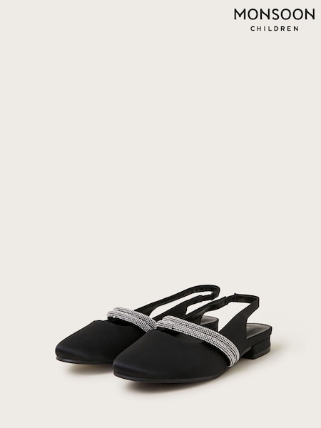 Monsoon Black Diamante Strap Satin Slingback Flats (AP0665) | ₪131 - ₪151