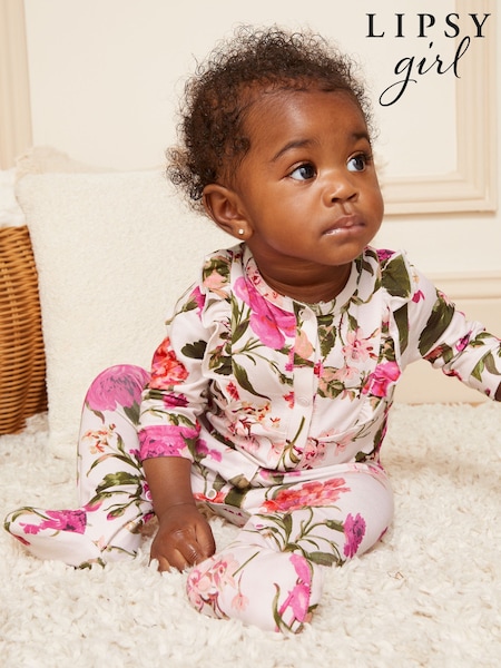 Lipsy Cream Baby Printed Ruffle Sleepsuit (0-24mths) (AP0817) | INR 3,071 - INR 3,379
