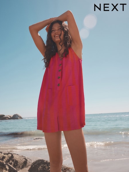 Pink & Red Stripe - 100% Cotton V-Neck Button Down Playsuit (AP0857) | 33 €