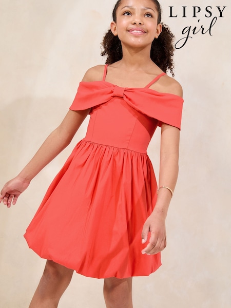 Lipsy Coral Pink Bow Bardot Puffball Dress (5-16yrs) (AP0864) | ₪181 - ₪221