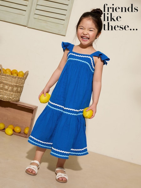 Friends Like These Cobalt Blue Crinkle Lace Trim Tiered Midi Sun Dress (3-12yrs) (AP0873) | €43 - €51