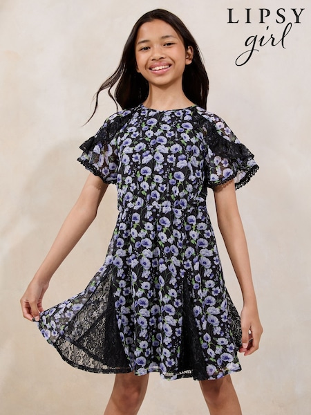 Lipsy Black Floral Lace Frill Sleeve Dress (5-16yrs) (AP0875) | $66 - $80