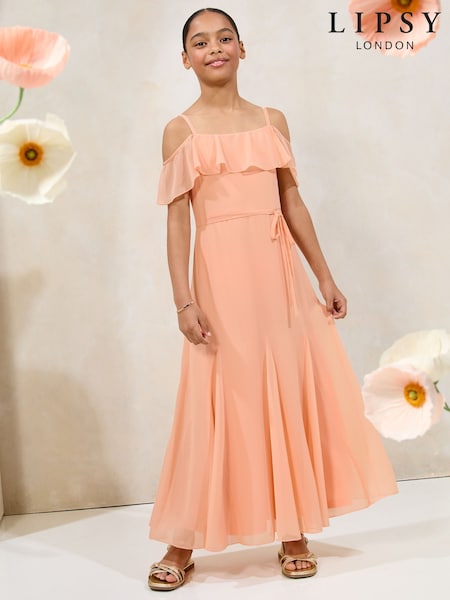 Lipsy Orange Teen Cold Shoulder Godet Skirt Maxi Occasion Dress (10-16yrs) (AP0879) | €56 - €64