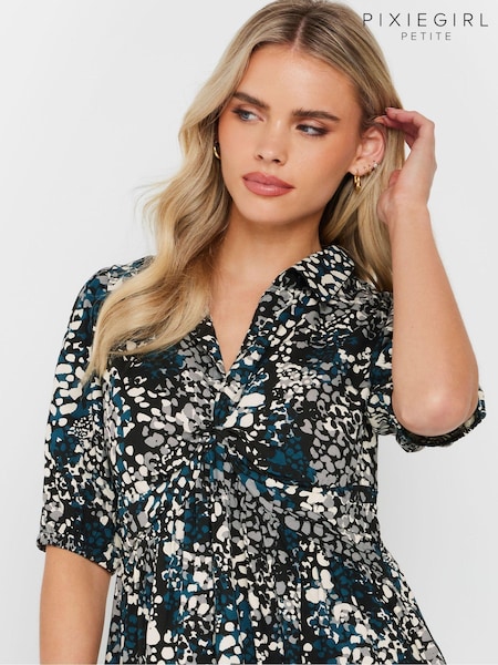 PixieGirl Petite Blue Woven Abstract Twist Front Top (AP0899) | ₪146