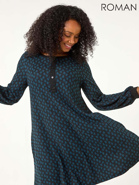 Roman Blue Petite Geometric Button A-Line Dress (AP0909) | €56