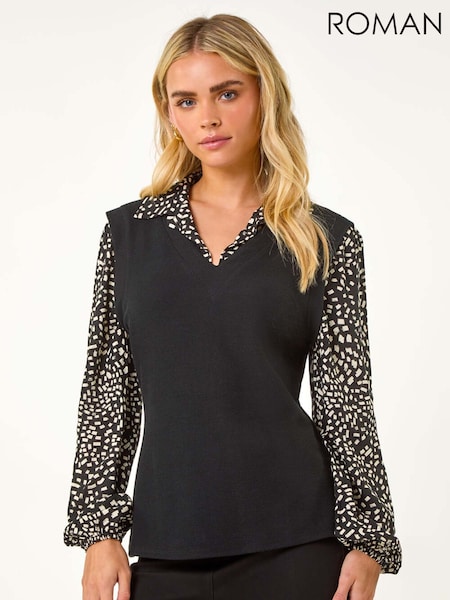 Roman Black Petite 2 in 1 Contrast V-Neck Top (AP0923) | €53
