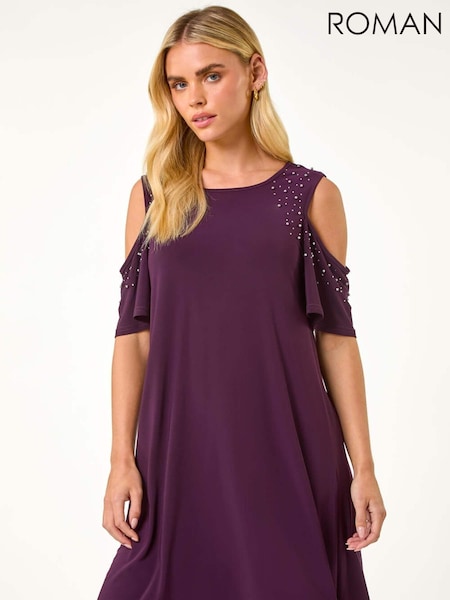 Roman Purple Petite Sparkle Cold Shoulder Shift Dress (AP0924) | €77