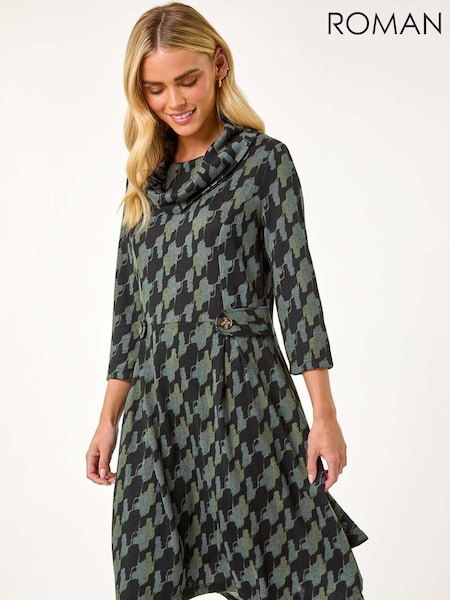 Roman Green Petite Abstract Print Hanky Hem Stretch Dress (AP0929) | €64