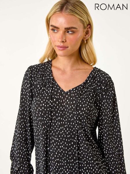 Roman Black Petite Spot Print V-Neck Plisse Blouses (AP0935) | AED233