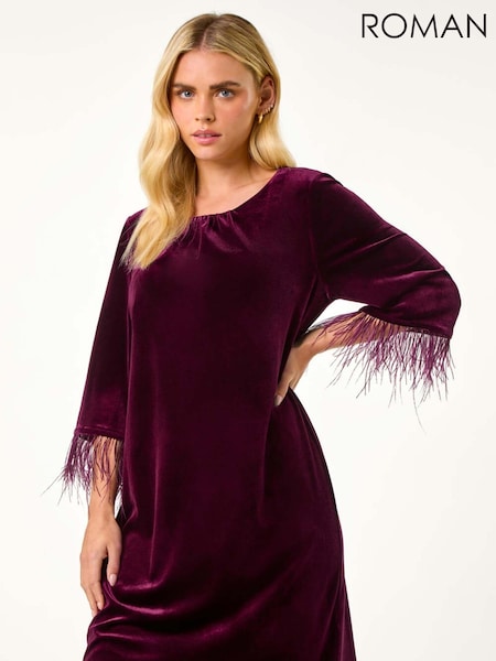 Roman Purple Petite Velvet Feather Trim Stretch Dress (AP0948) | 322 QAR