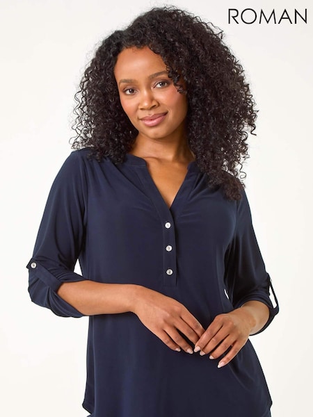 Roman Blue Petite V-Neck Button Stretch Shirt (AP0954) | €40