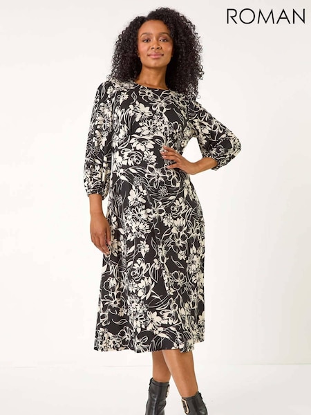 Roman Black Petite Floral Stretch Midi Dress (AP0966) | €60