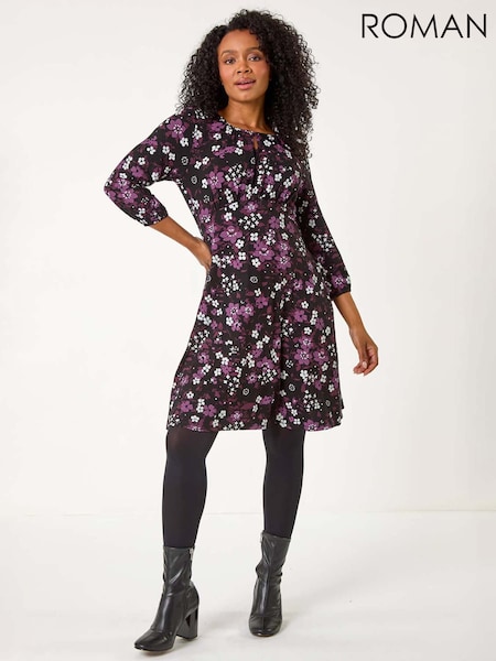 Roman Purple Petite Floral Keyhole Detail Dress (AP0972) | €56