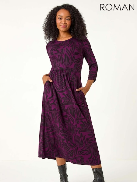 Roman Purple Petite Swirl Print Stretch Midi Dress (AP0985) | €64