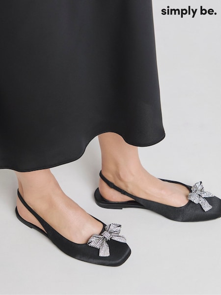 Simply Be Black Diamante Bow Detail Slingback Flats Ballerinas In Wide Fit (AP1001) | $30
