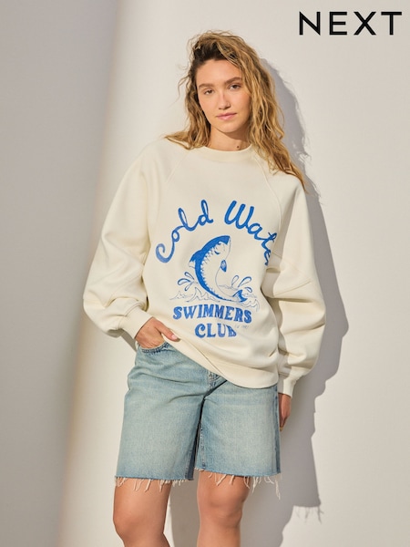 Ecru/Blue Fish Cold Water Swimming Club Longline Relaxed Fit Hand Painted Graphic Sweatshirt (AP1060) | €38