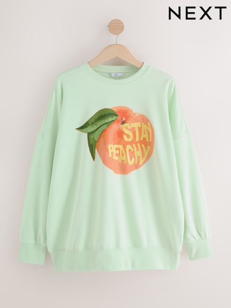 Mint Green Longline Fun Fruit Graphic Print Stay Peachy Crew Neck Sweatshirt (AP1070) | R$ 245