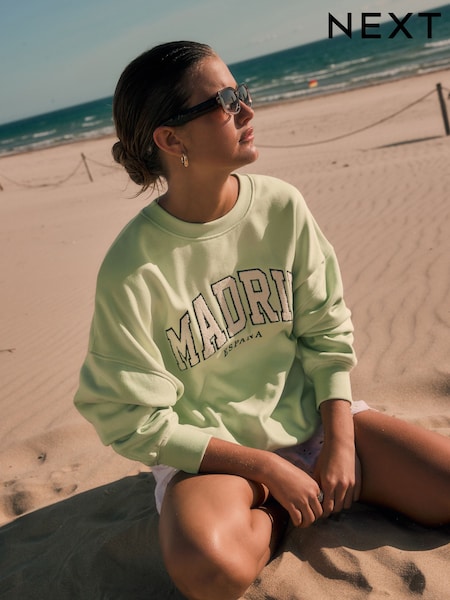 Lime Green Madrid Spain Relaxed Fit Boucle Summer City Graphic Print Sweatshirt (AP1071) | R$ 225