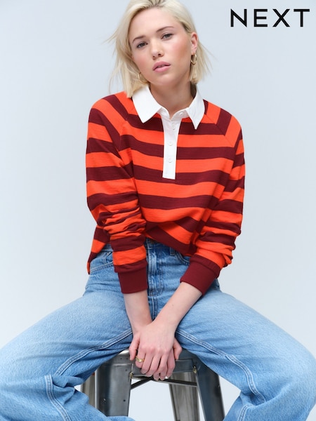 Burgundy Red/Orange Contrast Henley Collar Stripe Rugby Polo Sweatshirt (AP1081) | € 16