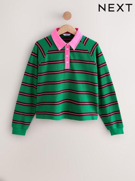 Bright Green/Pink Chocolate - Contrast Henley Collar Stripe Rugby Polo Sweatshirt (AP1082) | €21