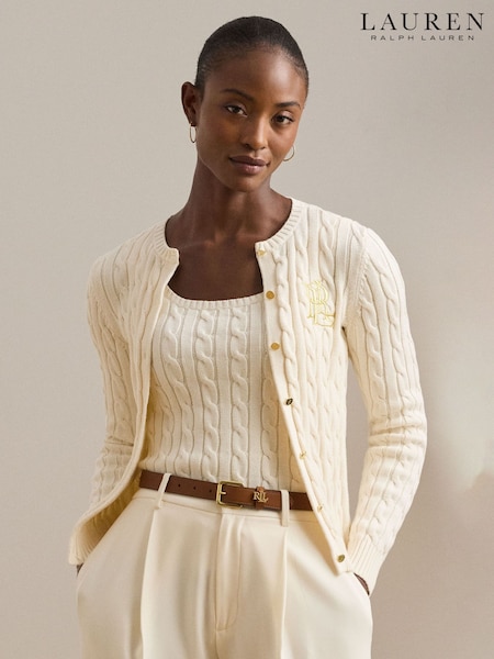 Cream - Lauren Ralph Lauren Ralhan Cable Knit Crest Logo Cardigan (AP1129) | € 236