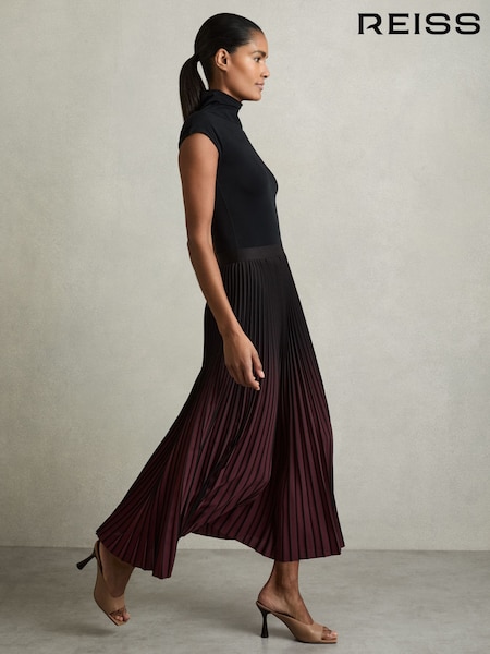 Reiss Burgundy/Black Marlie Ombre Pleated Midi Skirt (AP1233) | $218