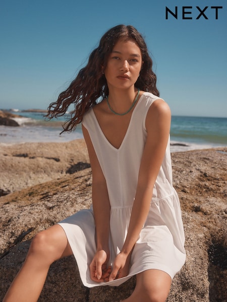 White 100% Cotton V-Neck Jersey Mini Summer Dress (AP1286) | $29