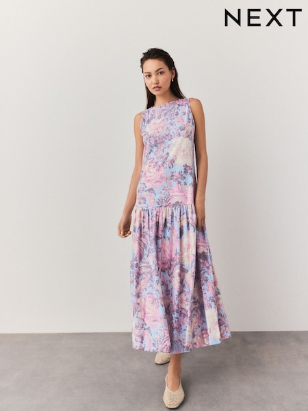 Pastel Blue Floral Sleeveless Drop Waist 100% Cotton Crew Neck Midi Dress (AP1296) | €38