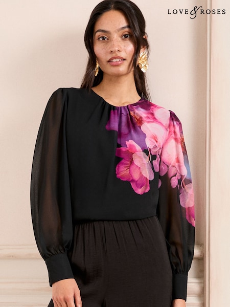 Love & Roses Black Floral Printed Crew Neck Blouse (AP1470) | $84