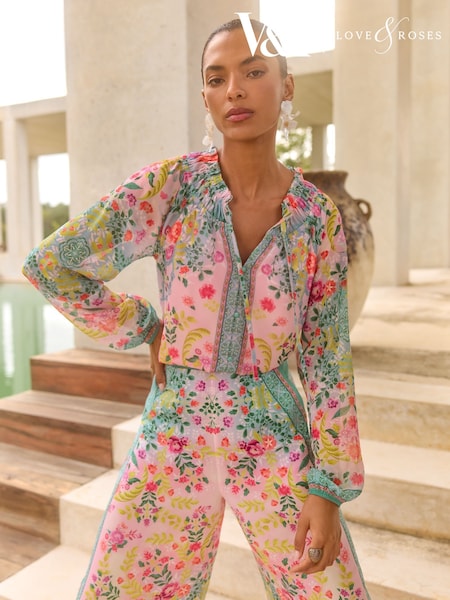 V&A I Love & Roses Long Sleeve Shirred Neck Blouse (AP1477) | 328 LEI