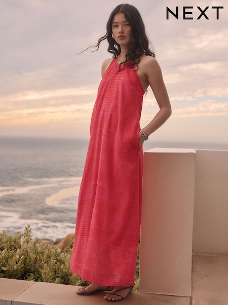 Red/Pink Palm Print Textured Cami Column Dress (AP2234) | €58