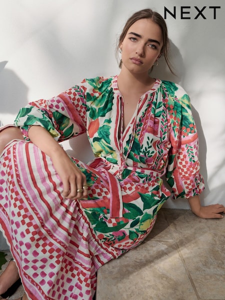 Pink & Green Fruit Print Tie Waist 100% Cotton Midi Shirt Dress (AP2245) | €80.50