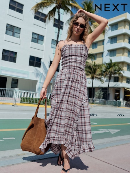 Charcoal Grey Check Shirred Body Asymetric Hem Midi Dress (AP2250) | 240 zł
